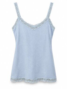 Vintage Y2K Hollister Ribbed Lace Trim Cami Tank Blue 100% Cotton Coquette S